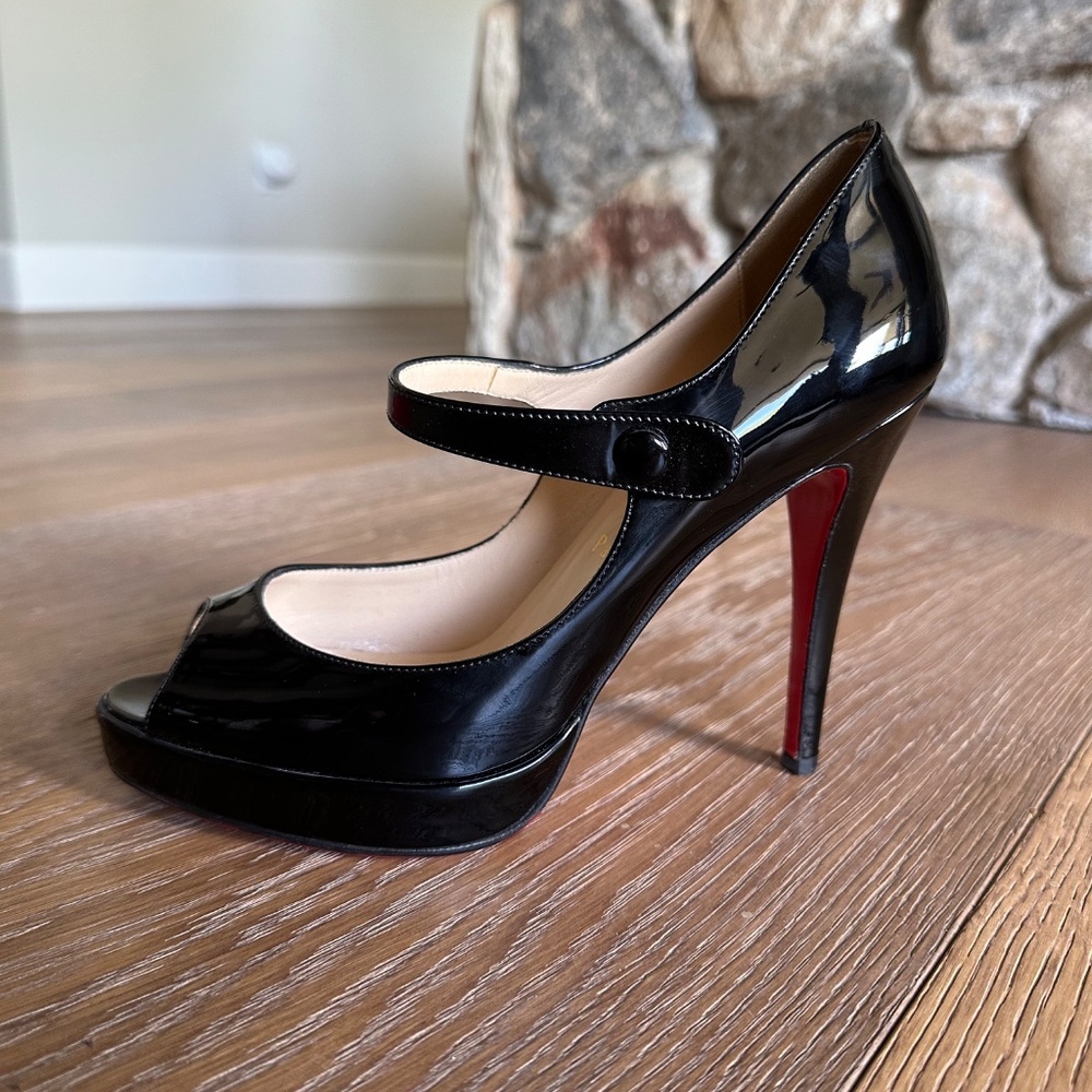 Authentic Christian Louboutin Black Patent Mary Jane Peep Toe Platform Heels - Picture 7 of 16